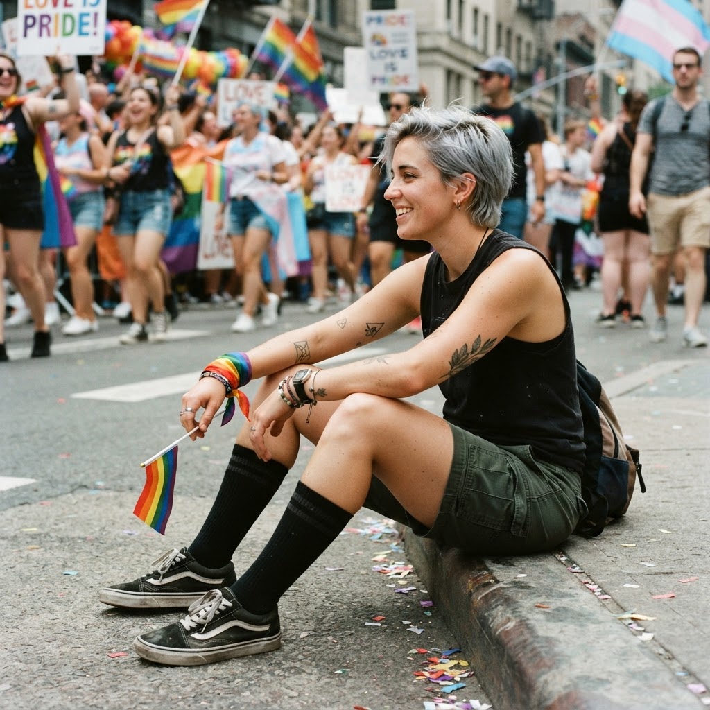 Patched Denim Jacket — masc lesbian pride outfit idea