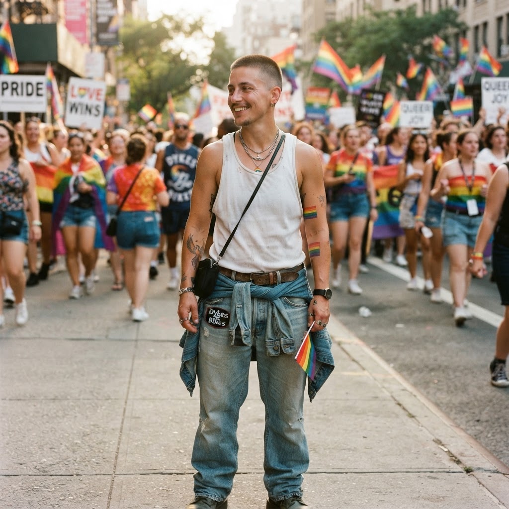 The Classic Tank & Baggy Denim — masc lesbian pride outfit idea
