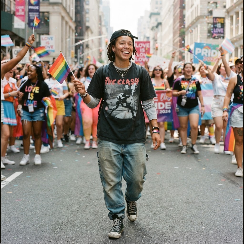 The Rainbow Knit Sweater — masc lesbian pride outfit idea