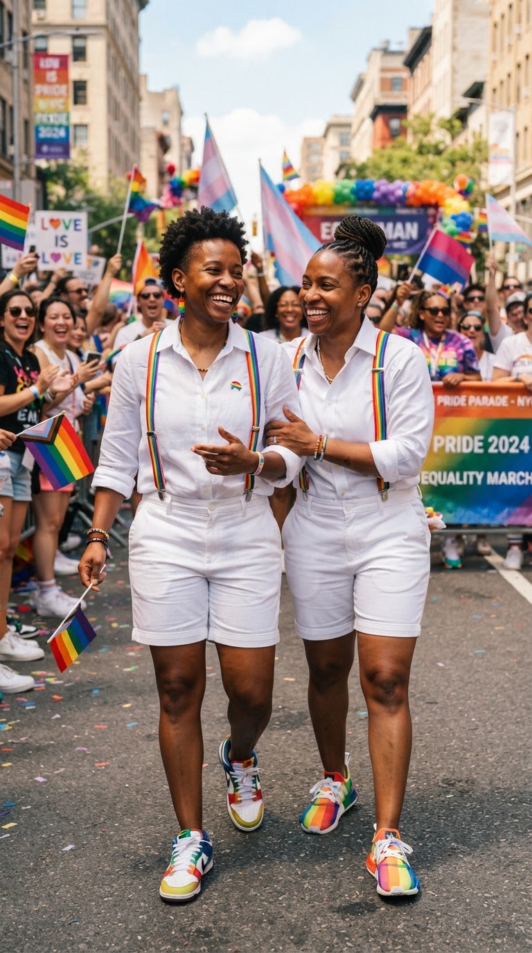 Pride outfit idea for black women: Crisp White & Rainbow Suspenders