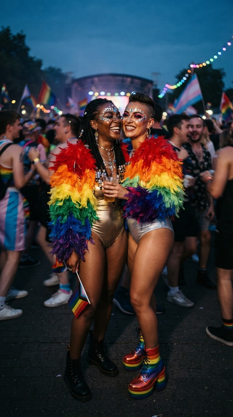 Pride outfit idea for black women: Bold Feather & Glitter Statement