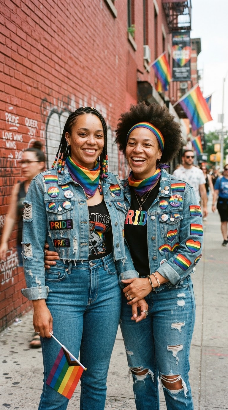 Pride outfit idea for black women: Denim-on-Denim with Pride Patches