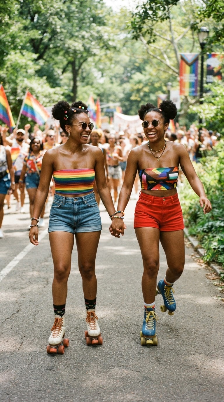 Pride outfit idea for black women: Retro 90s Roller Skate Look