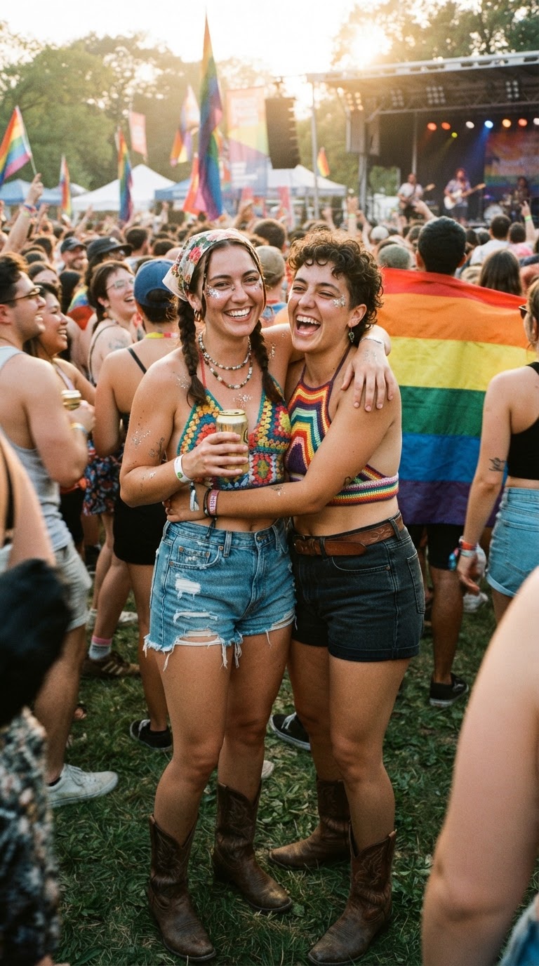 Crochet & Glitter Festival Energy — women's pride outfit for Music Festival