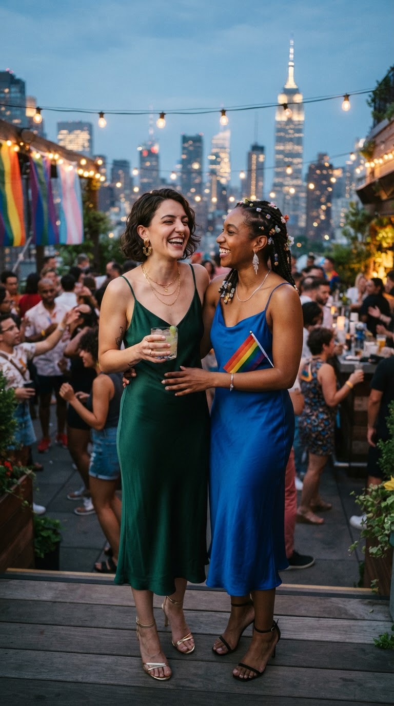 Jewel-Tone Rooftop Cocktails — women's pride outfit for Rooftop Party