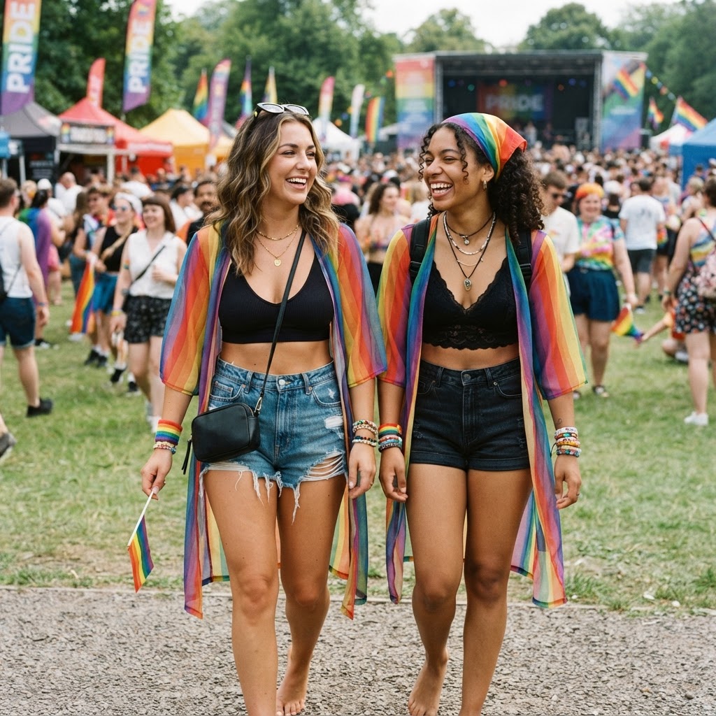 Sheer Rainbow Kimono Over Bra Top & Shorts