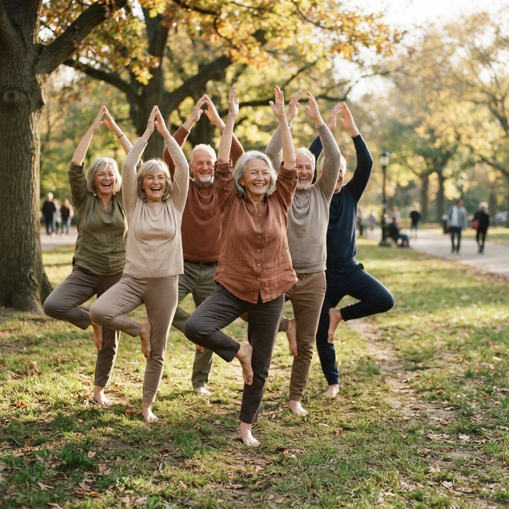 Groupe de seniors pratiquant un exercice d'équilibre en extérieur