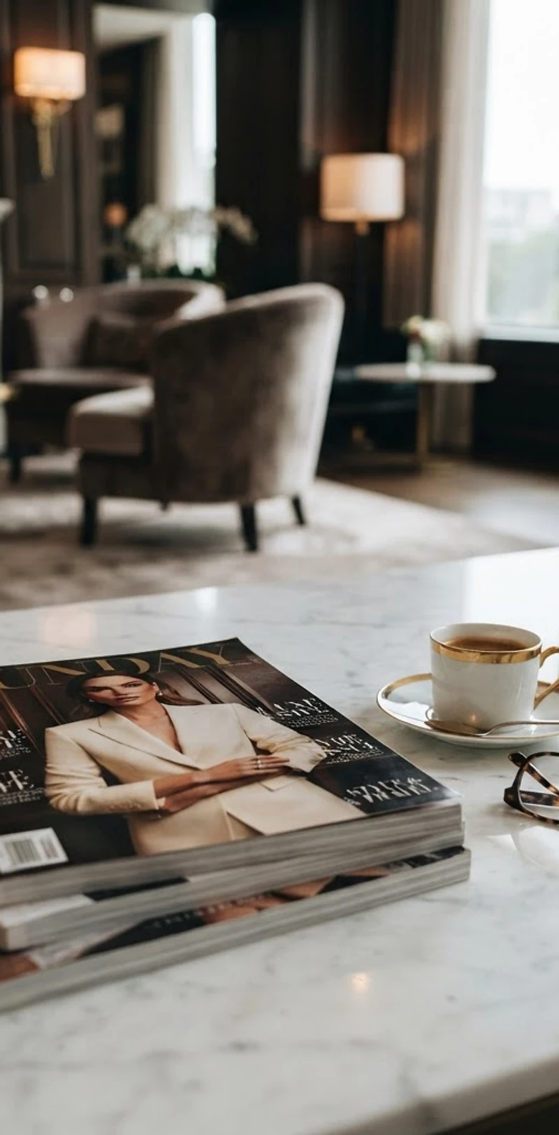 A stack of luxury magazines on a marble coffee table with espresso and reading glasses, in cream and champagne gold tones