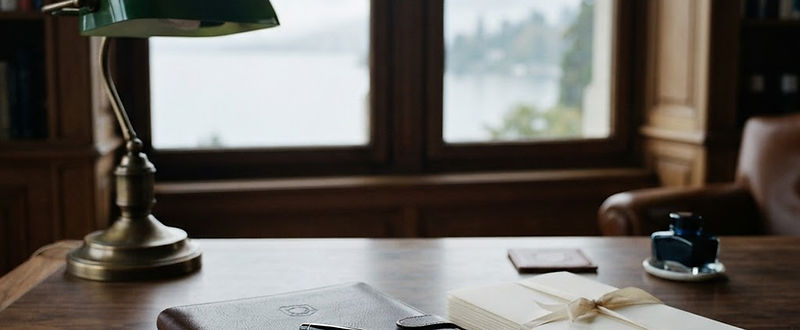 A leather folio and fountain pen on a walnut desk, mist over pale water beyond the window.