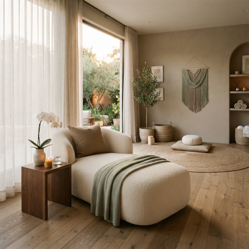 A serene minimalist meditation space with linen cushion and brass incense bowl in soft natural light