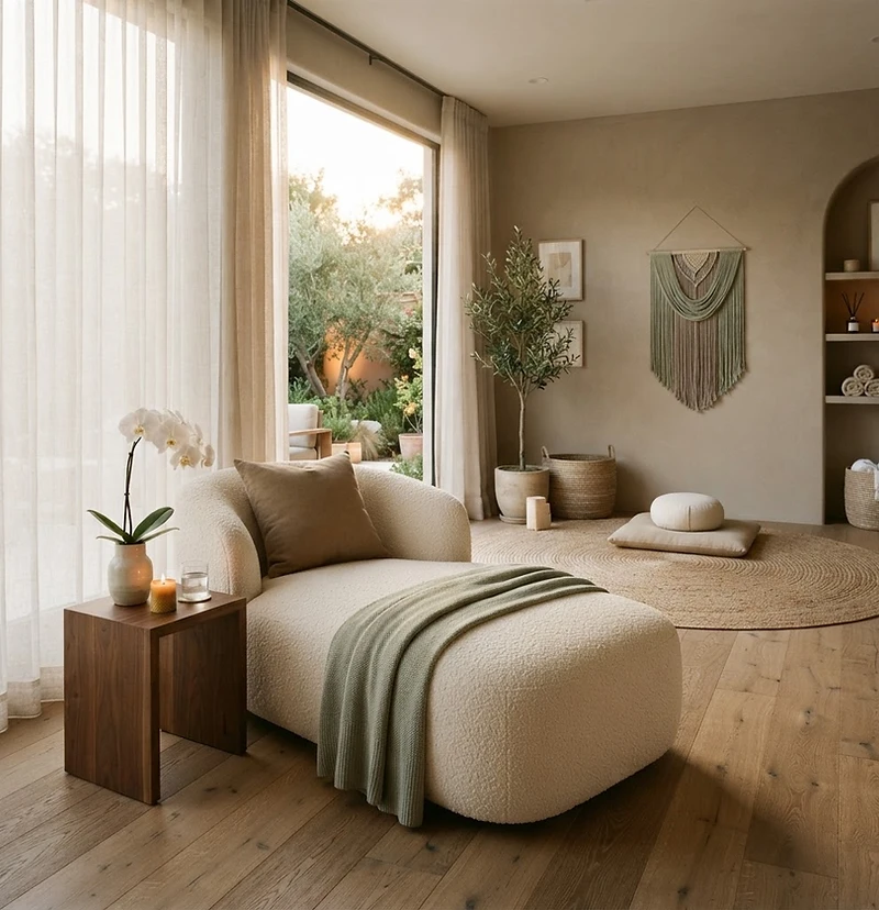 A cozy reading nook with a leather armchair, hardcover books, a brass lamp, and tea, bathed in warm amber light.