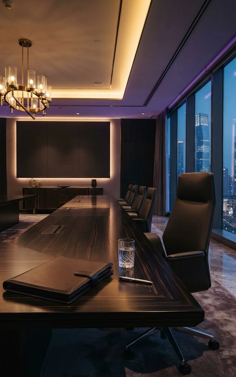 Modern executive boardroom with deep purple and gold tones