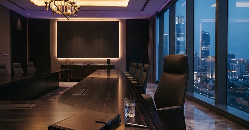Modern executive boardroom with deep purple and gold tones