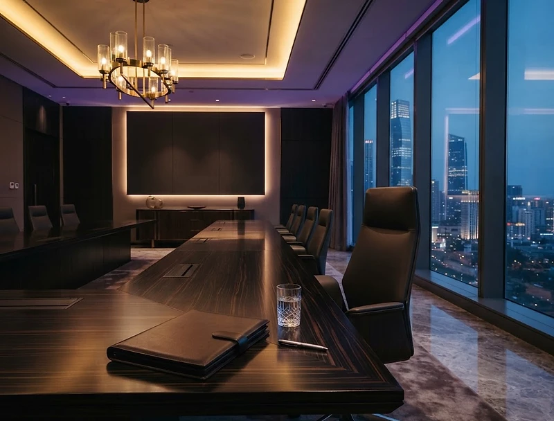 Modern executive boardroom with deep purple and gold tones