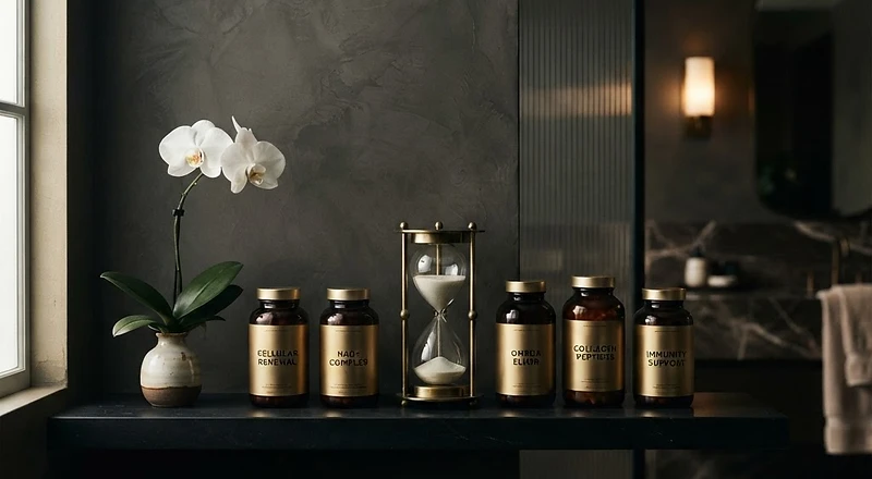 A minimalist bathroom shelf with premium longevity supplements in dark glass bottles and a white orchid.