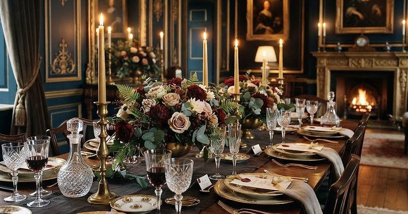A long candlelit table laid for a celebration