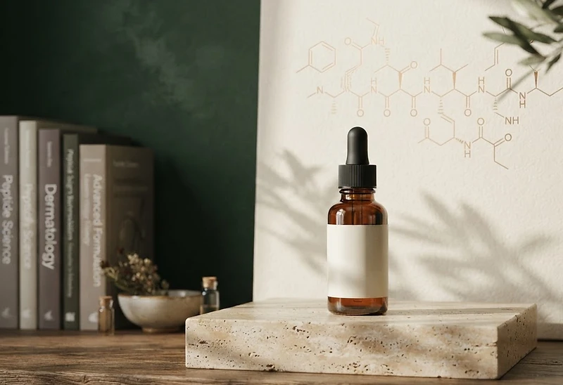 Amber glass serum bottles arranged on a cool stone surface