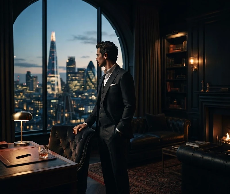 Dark sophisticated executive silhouette in a private club setting