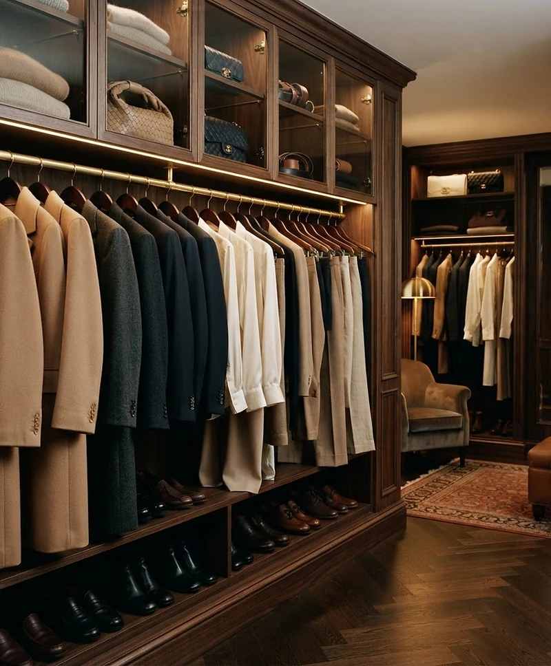 A curated walk-in closet with tailored garments on dark wooden hangers in neutral tones