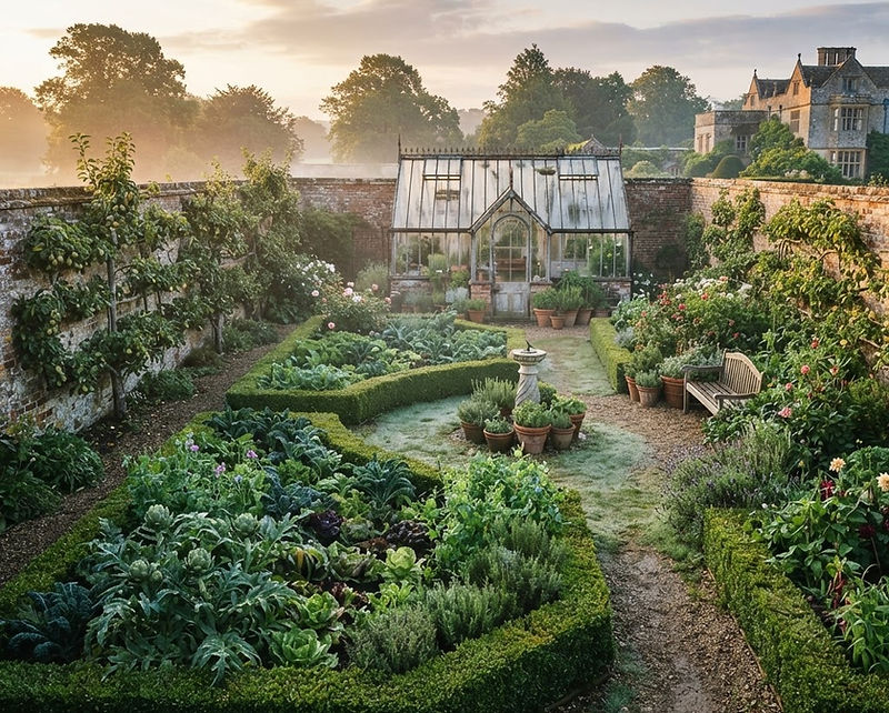 A walled kitchen garden with espaliered fruit and terracotta pots at dusk