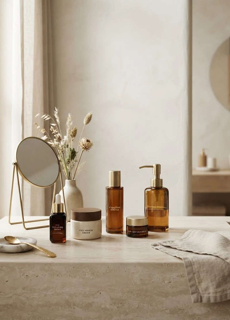 Minimalist bathroom counter with premium skincare in amber glass and cream ceramic jars