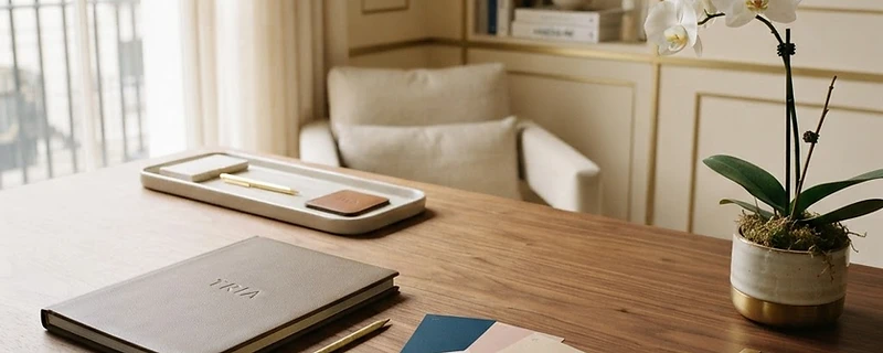 Minimalist creative studio desk with brand book and color swatches