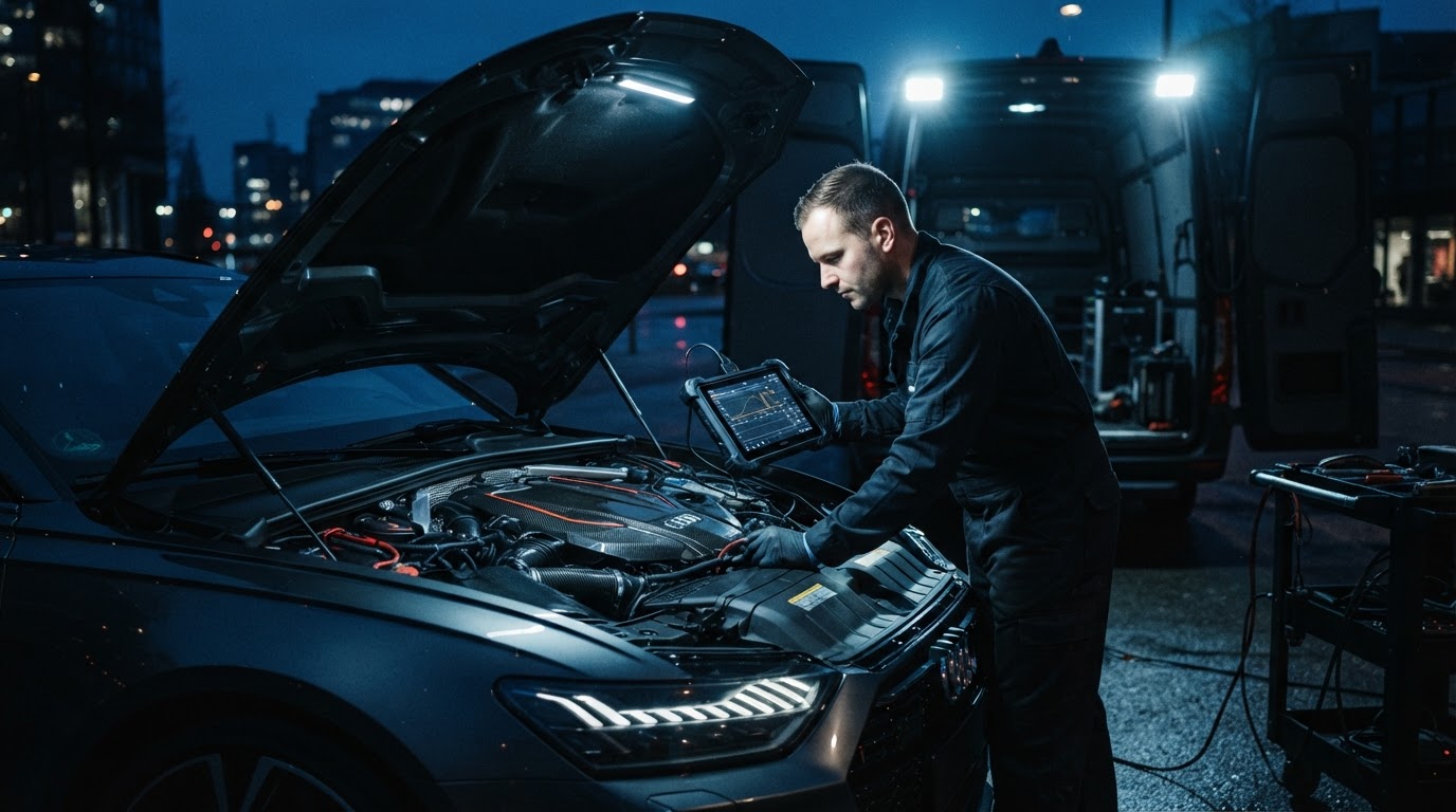 Mobile mechanic working on engine at night