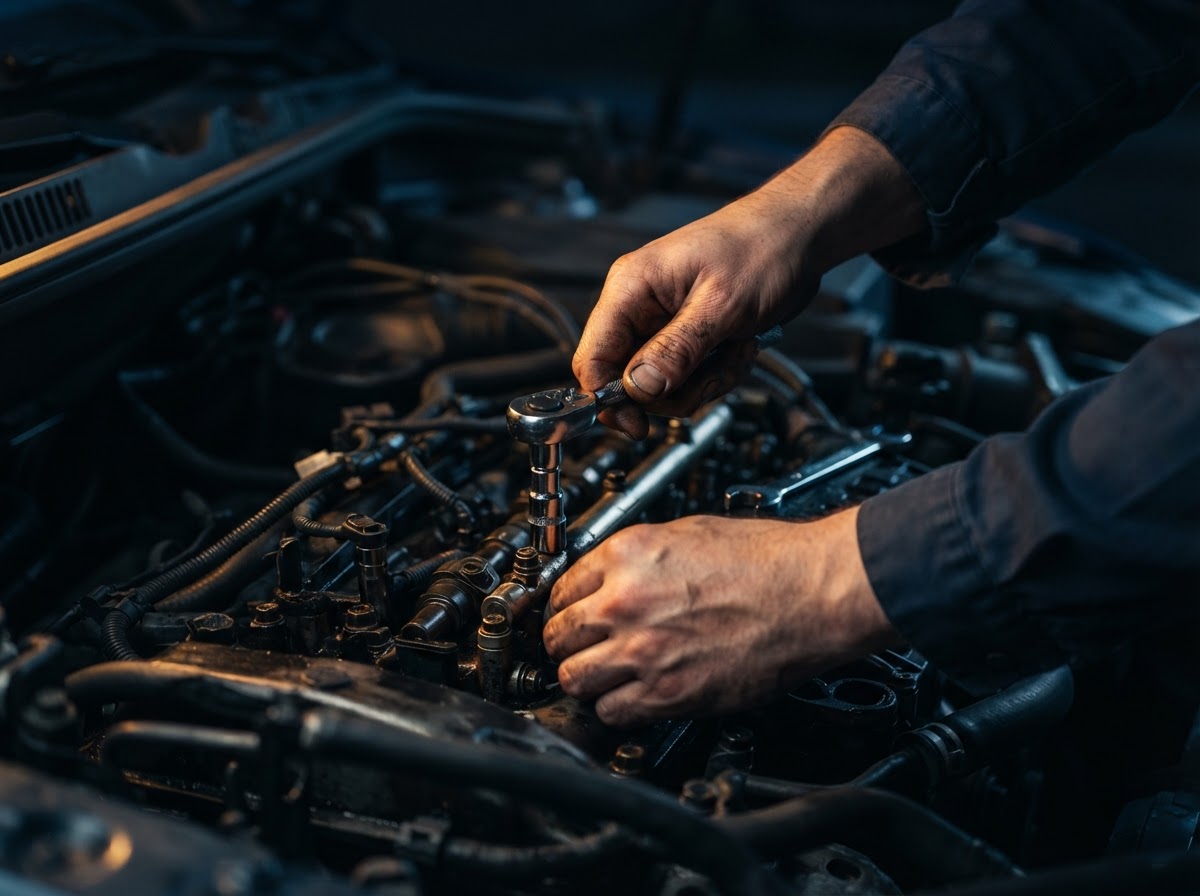 Professional mechanic working with precision tools