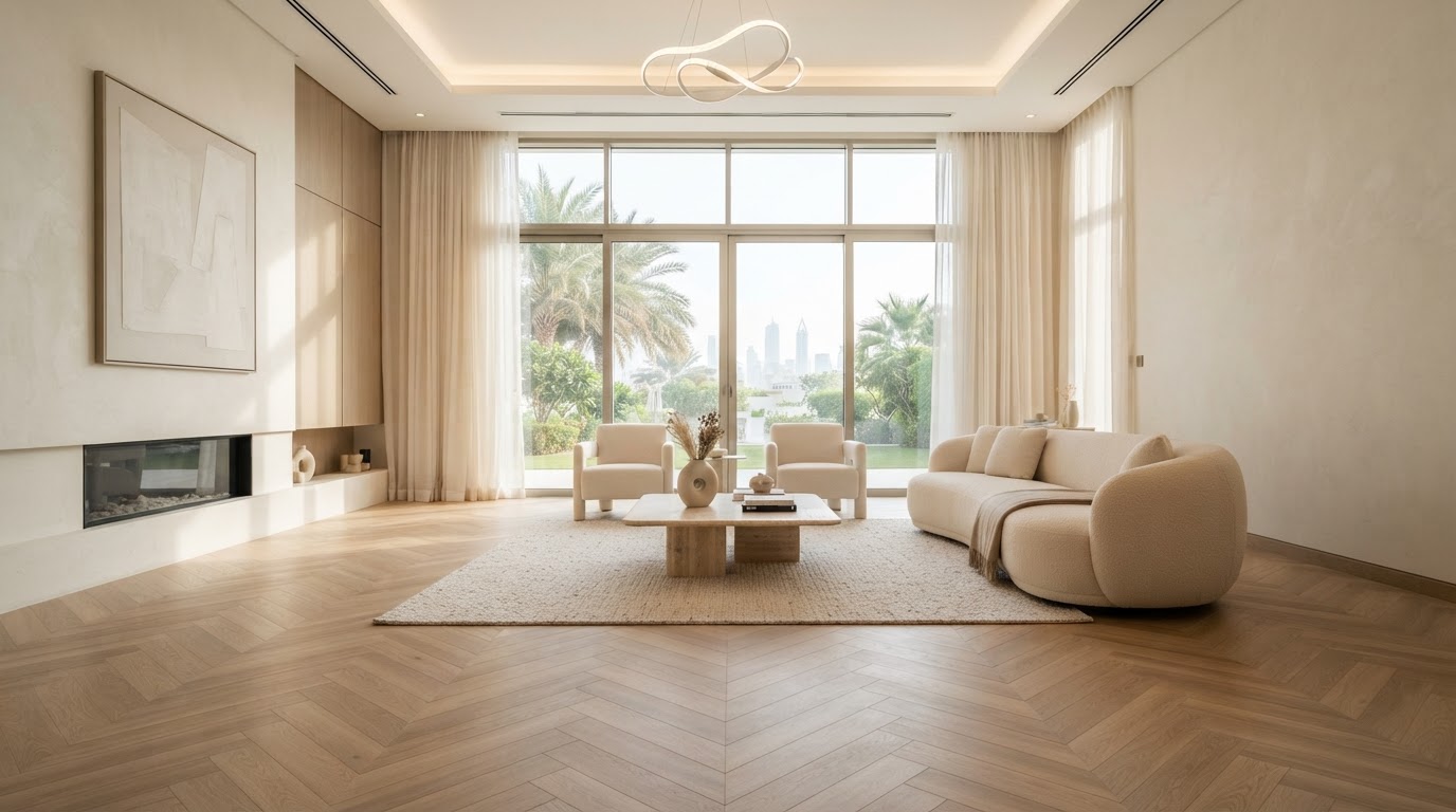 Luxury Dubai villa interior with premium wood flooring installation by Floor Woods
