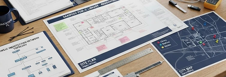Mesa de trabalho com planta, mapa, planilha de quantitativos e diagrama de arquitetura