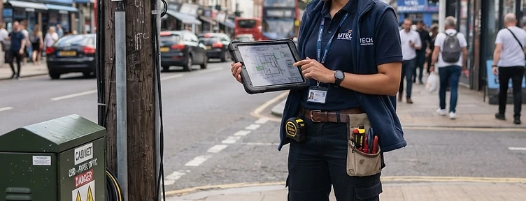 Engenheiro realizando levantamento técnico em campo com planta no tablet