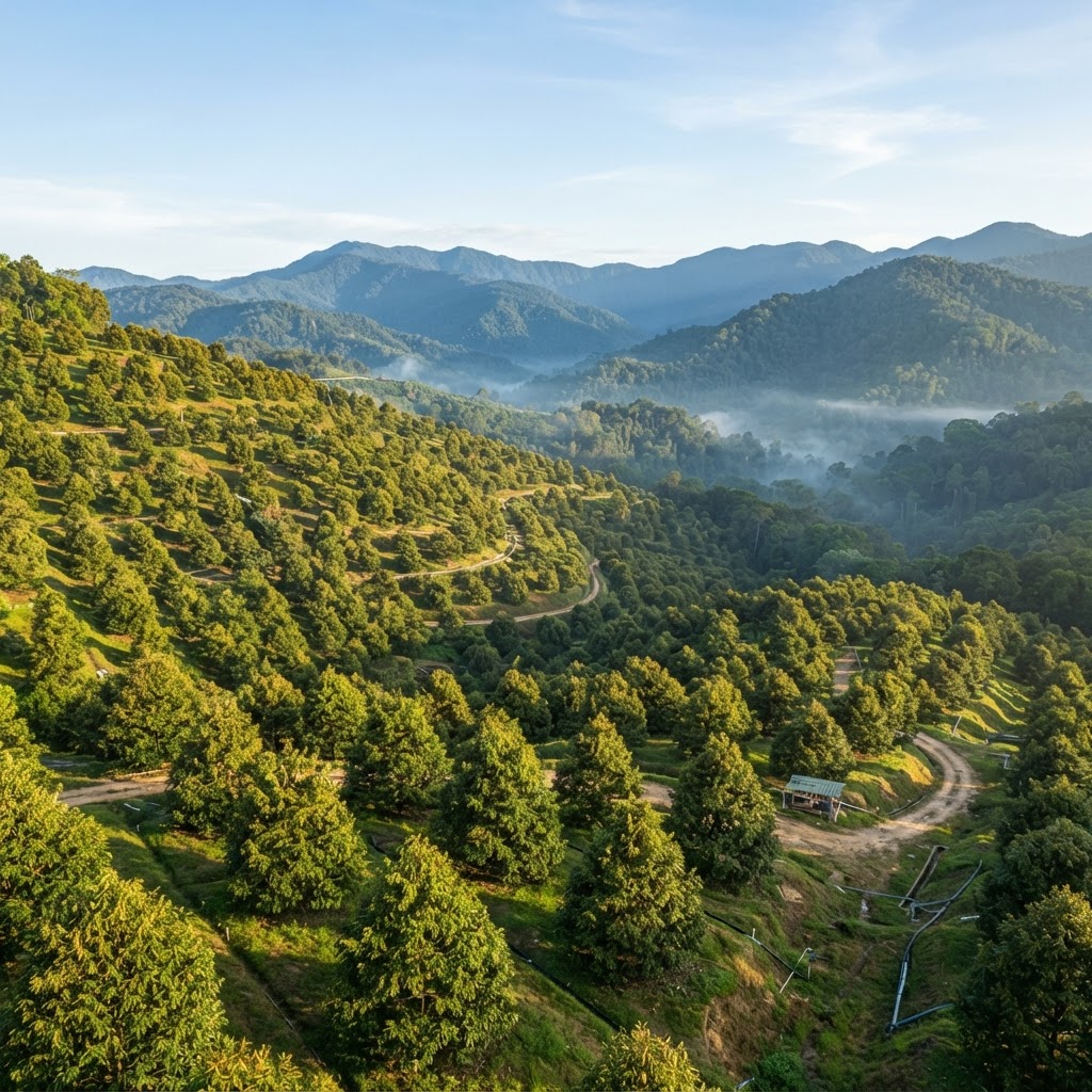 Forest canopy and agricultural landscape near Tulai, Pahang