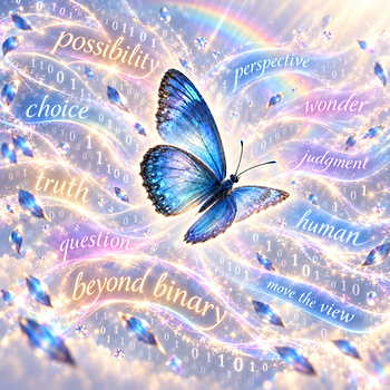 A luminous blue butterfly moving through flowing light trails woven with words — possibility, choice, truth, question, beyond binary, perspective, wonder, judgment, human, move the view.