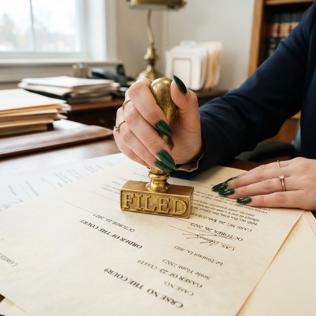 Hands with hunter green nails stamping a legal document FILED