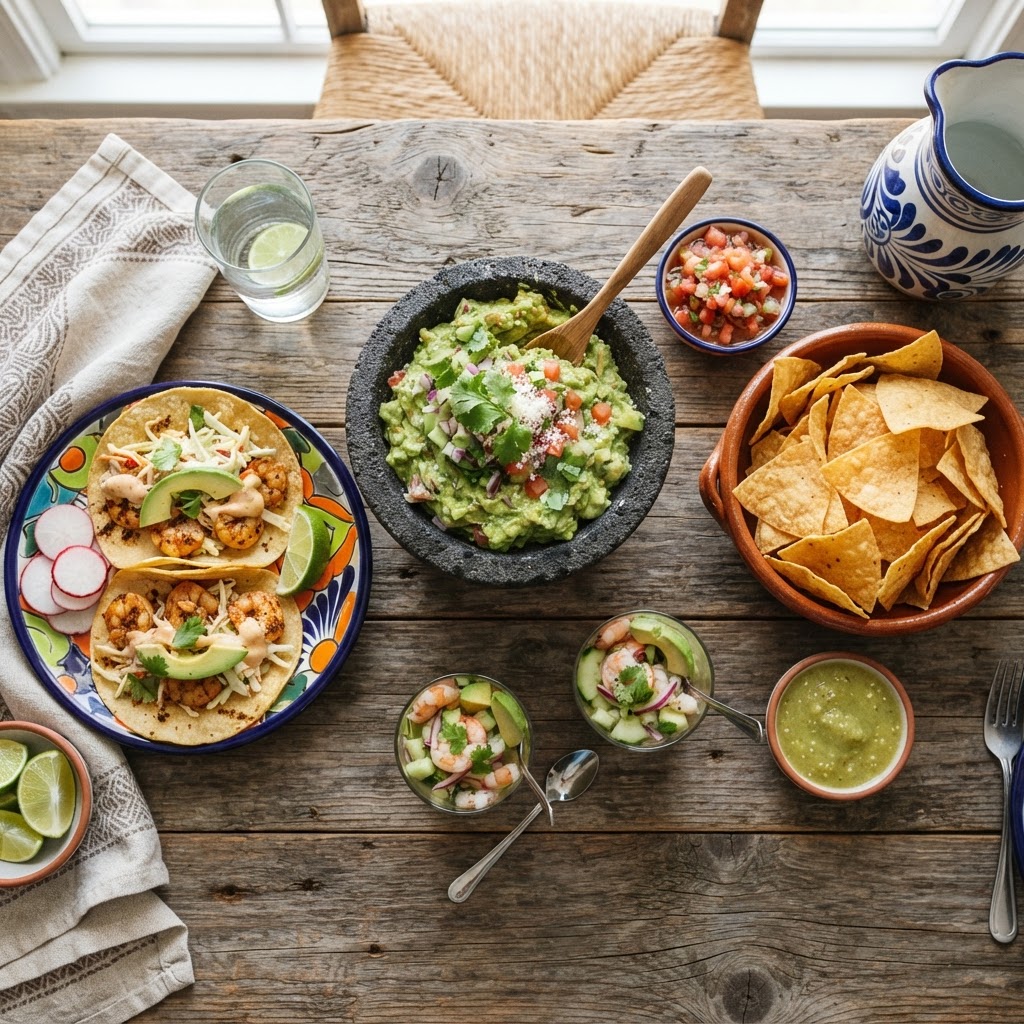A spread of tacos and guacamole alongside Avana