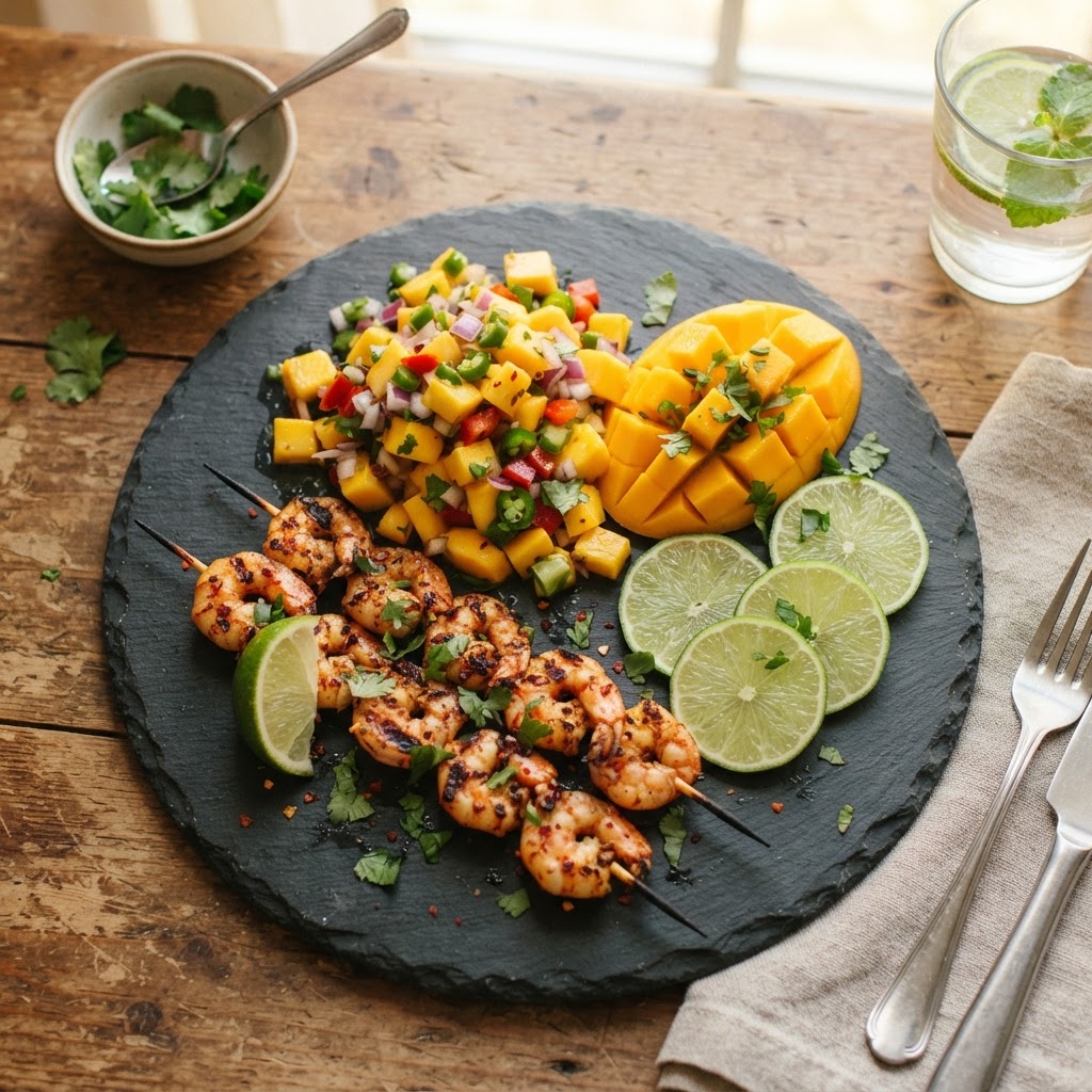 Grilled shrimp with chili-lime alongside Avana