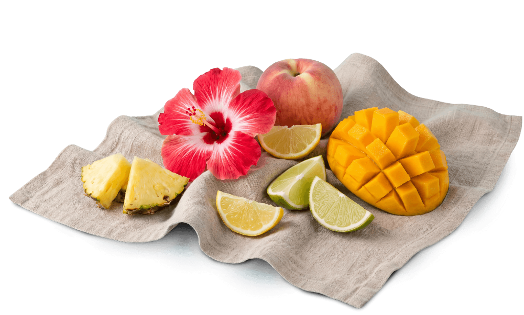 Fresh fruit and hibiscus on linen cloth