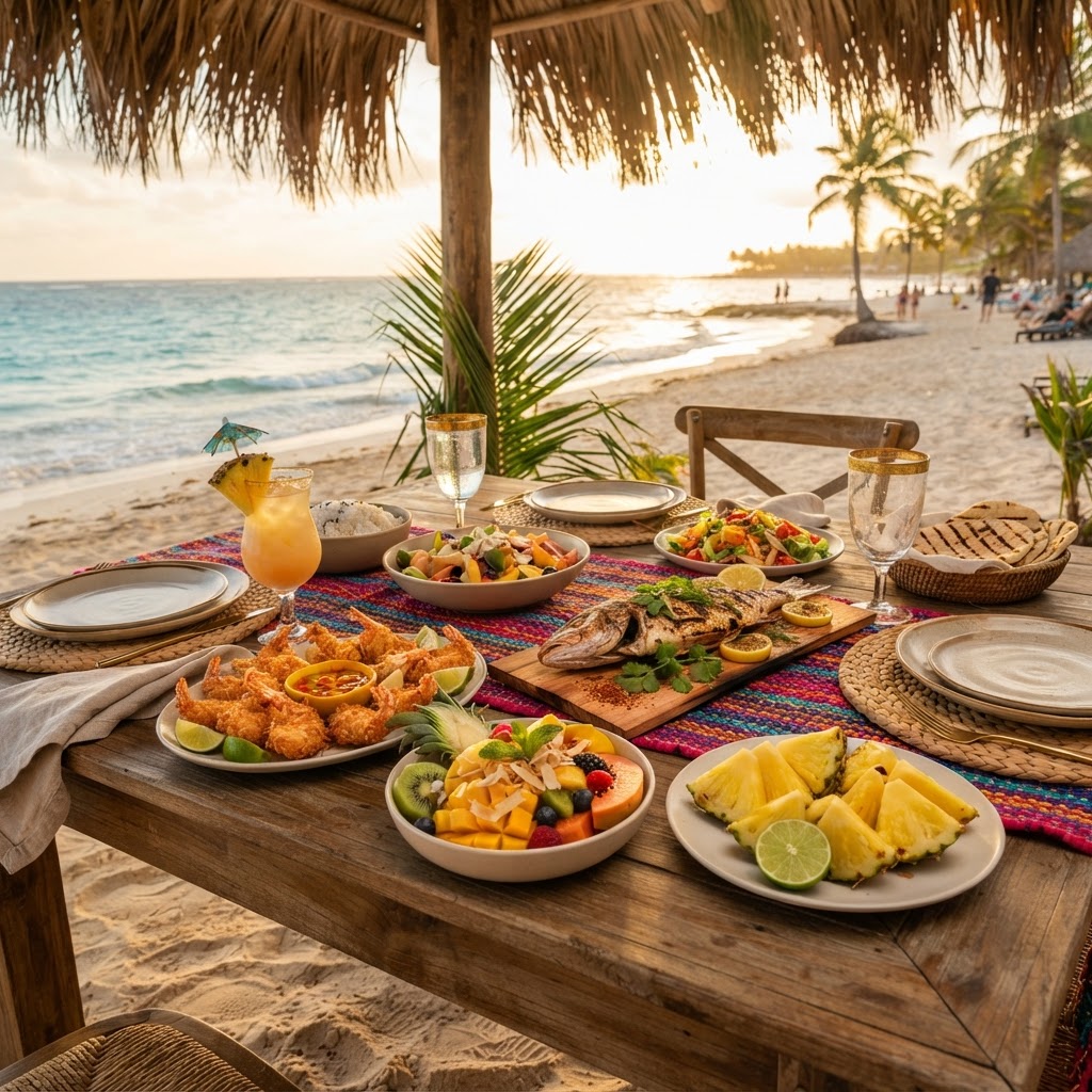 A tropical spread with grilled fish and Avana