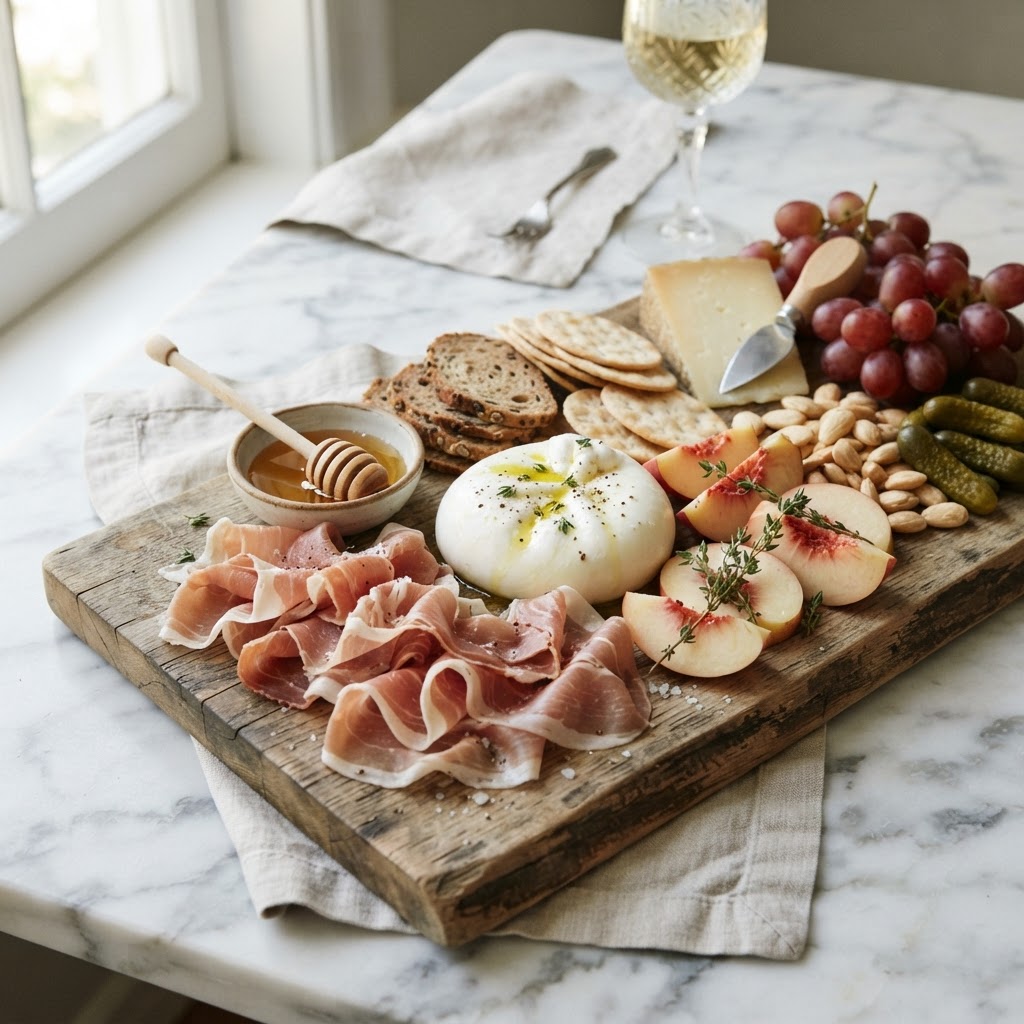 A cheese board with prosciutto and burrata alongside Avana