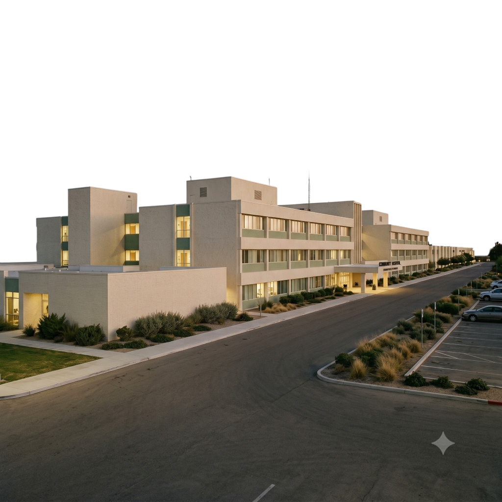 Photo — a community hospital at dusk