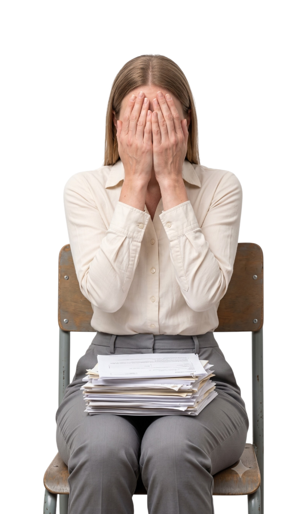 Photo — a person overwhelmed by paperwork and calls