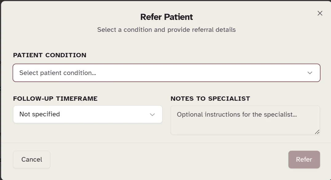 The Refer Patient form: patient condition, follow-up timeframe and notes to the receiving provider