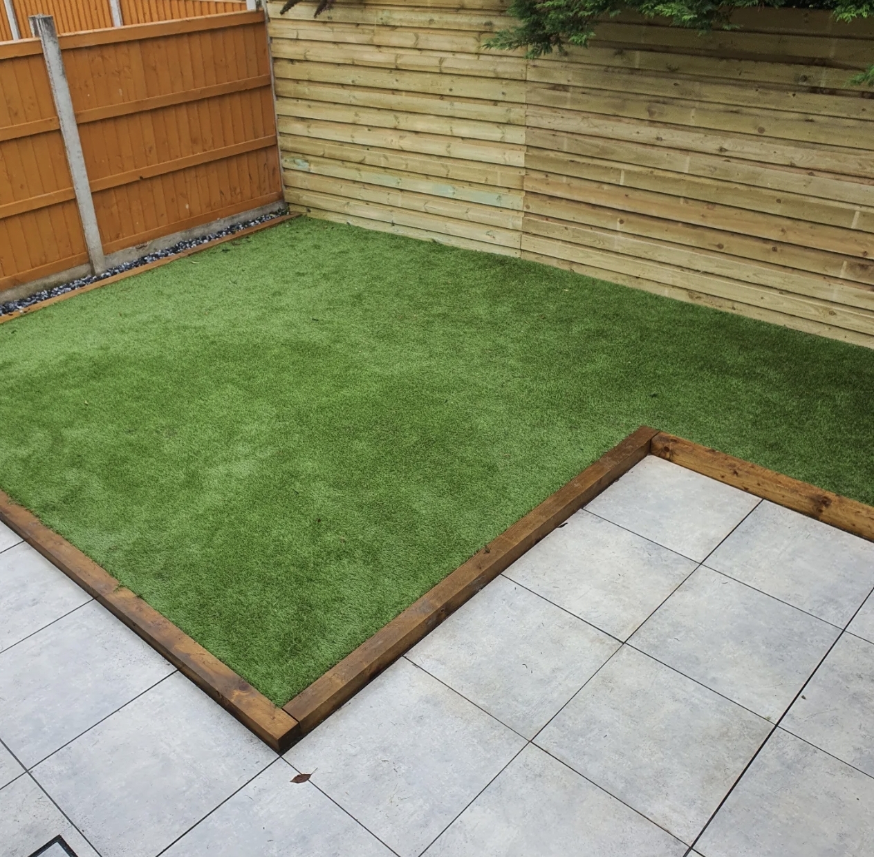 Patio to Artificial Lawn in Shropshire — completed landscaping project by Shropshire Landscaping & Design, serving Shrewsbury, Telford, Ellesmere & Oswestry