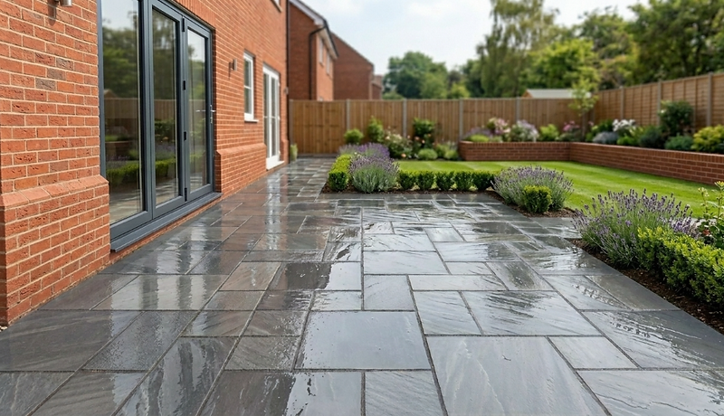 Landscaped garden with stone patio, lawn and planting in Shrewsbury