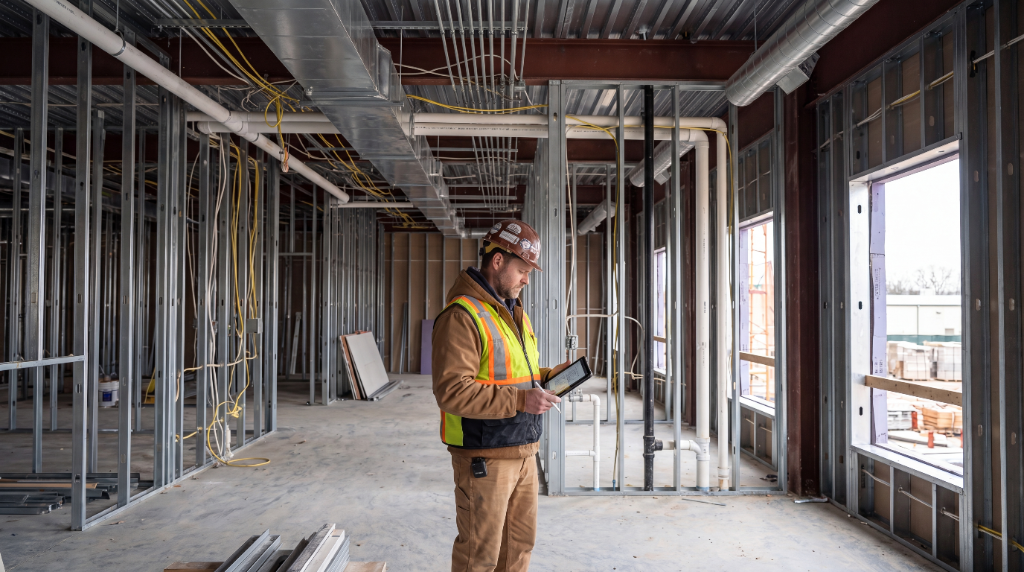Field superintendent inspecting a framed interior on a tablet