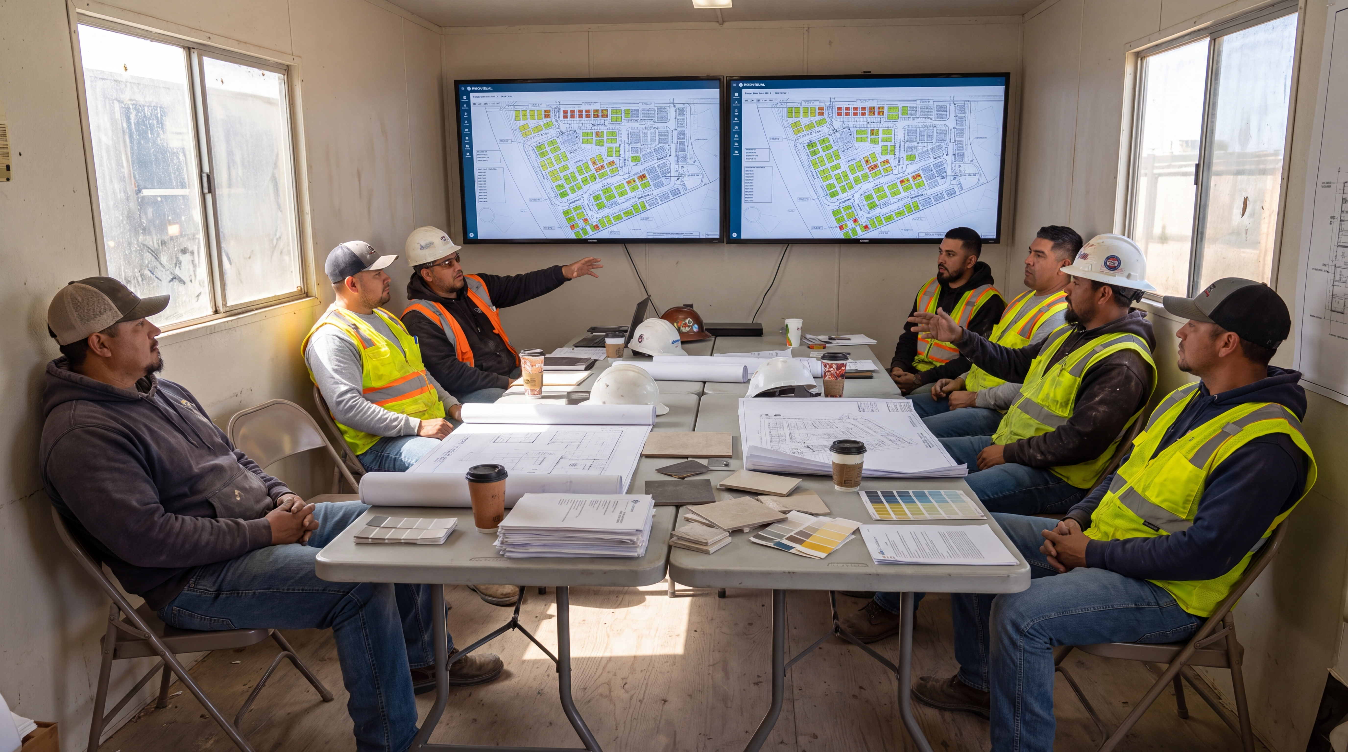 Project team reviewing floor plans on screens in the jobsite trailer