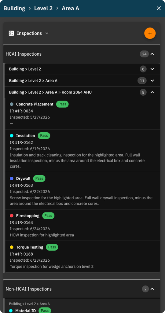 Provizual inspections sidebar showing statuses per location