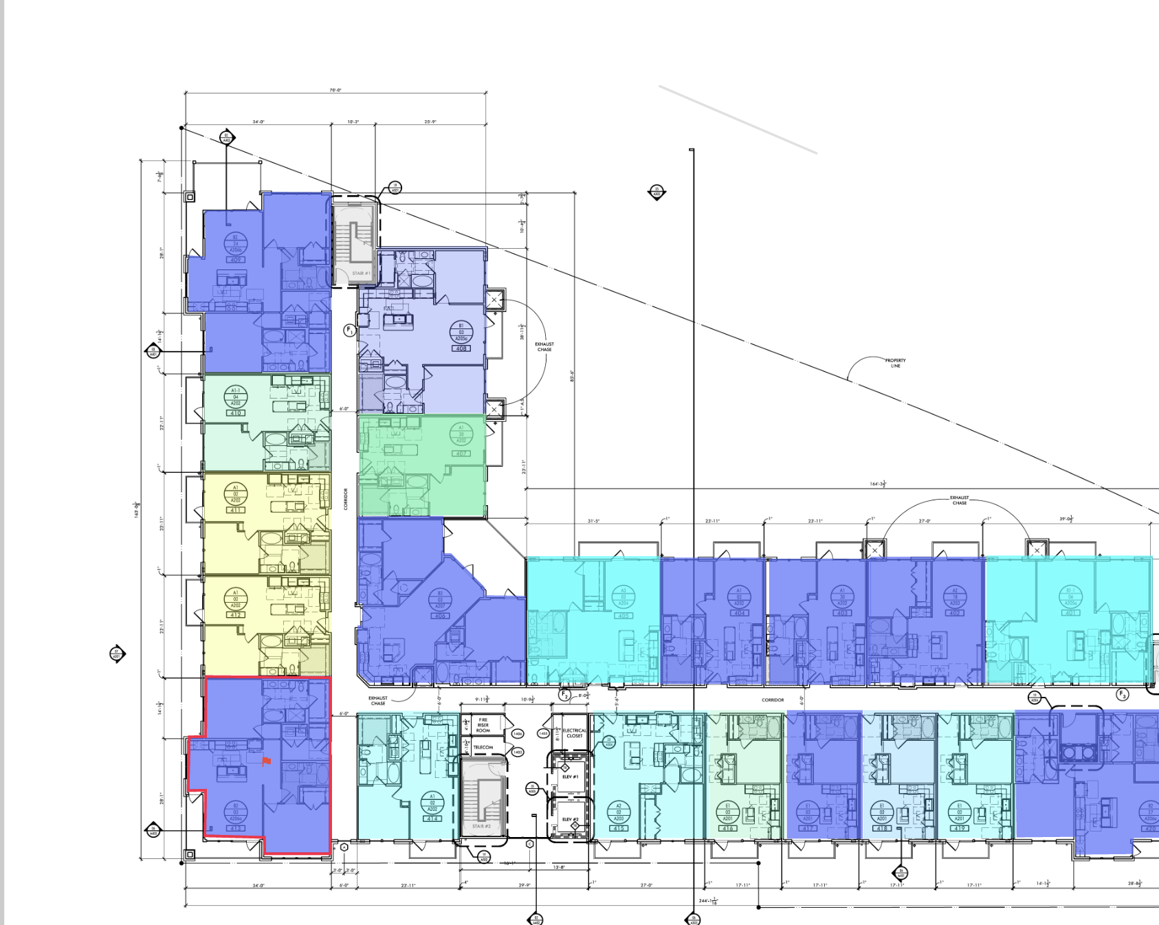 Project floor plan with color-coded units and inspection pins