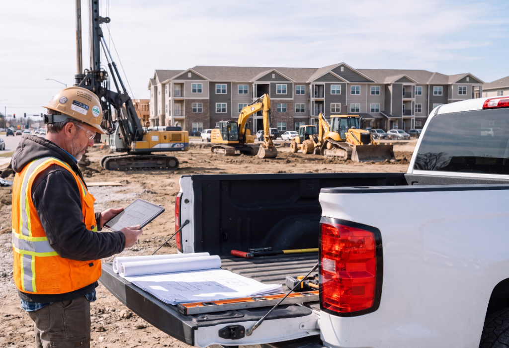 Construction manager reviewing a floor plan on a tablet at a jobsite