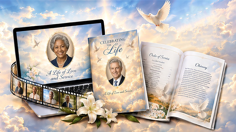 Memorial slideshow on a laptop, film strip of portraits, and a printed funeral program